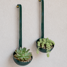 Load image into Gallery viewer, Vintage Green Enamel Ladle Wall Planters, Rustic Succulent Holders, Hanging Farmhouse Kitchen Decor, Upcycled Garden Wall Art