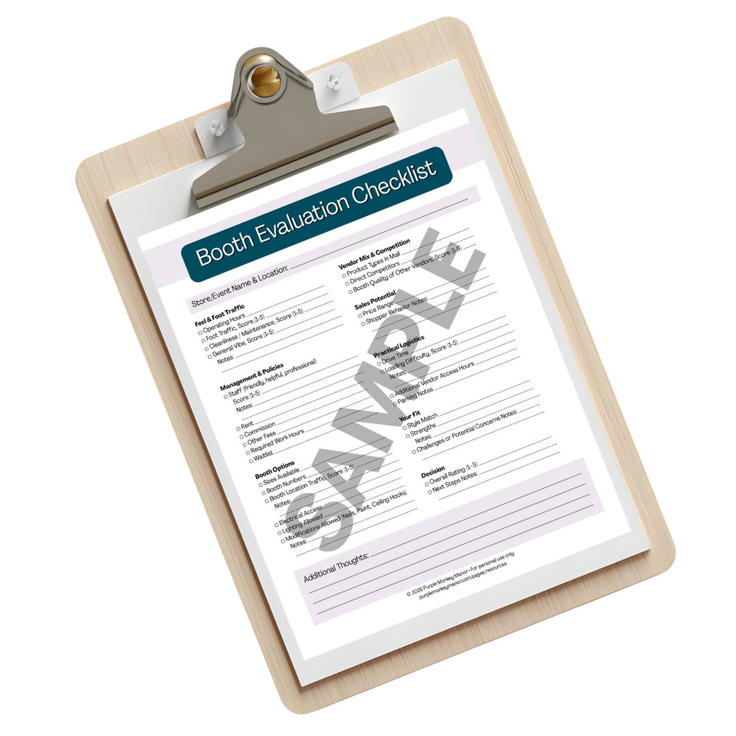 Sample page of the Booth Evaluation Checklist on a clipboard, showing the printable worksheet used to compare vendor booth locations.