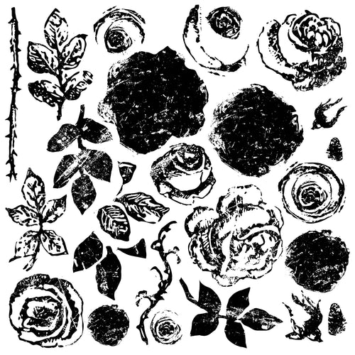 IOD Painterly Roses Stamp with elements to layer. includes leaves, stems, flowers, thorns and buds.