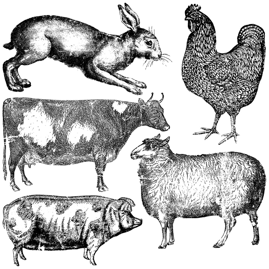 IOD Farm Animals Stamp. Contains a rabbit, rooster, cow, pig and sheep stamp.