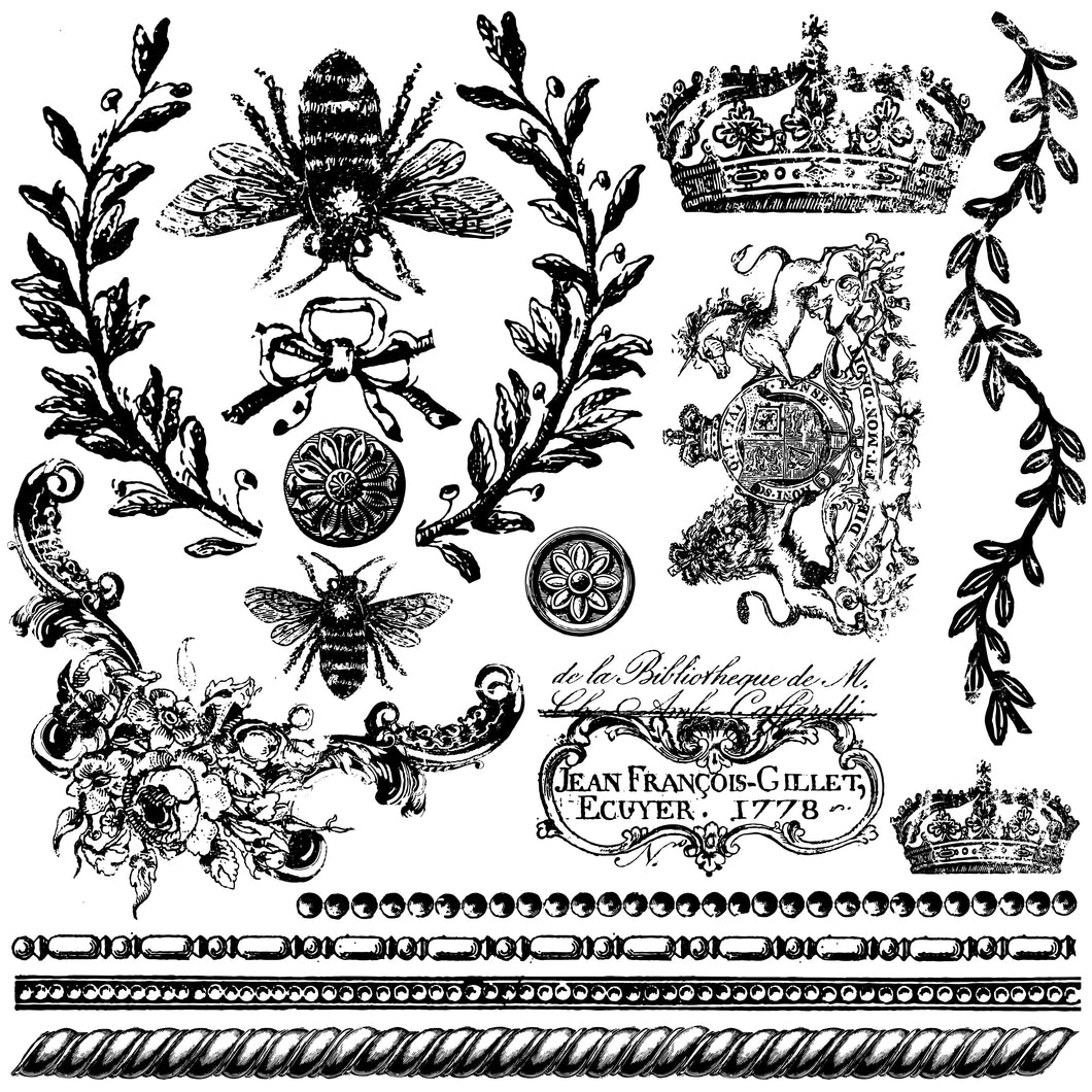 IOD Queen Bee Stamp with bees, laurel wreaths, crowns, borders, bows and a royal crest.
