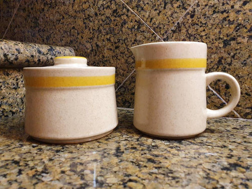 Vintage Statistone Stoneware Japanese Creamer And Sugar Bowl With Lid 1970’s. Tan With Yellow Stripe.