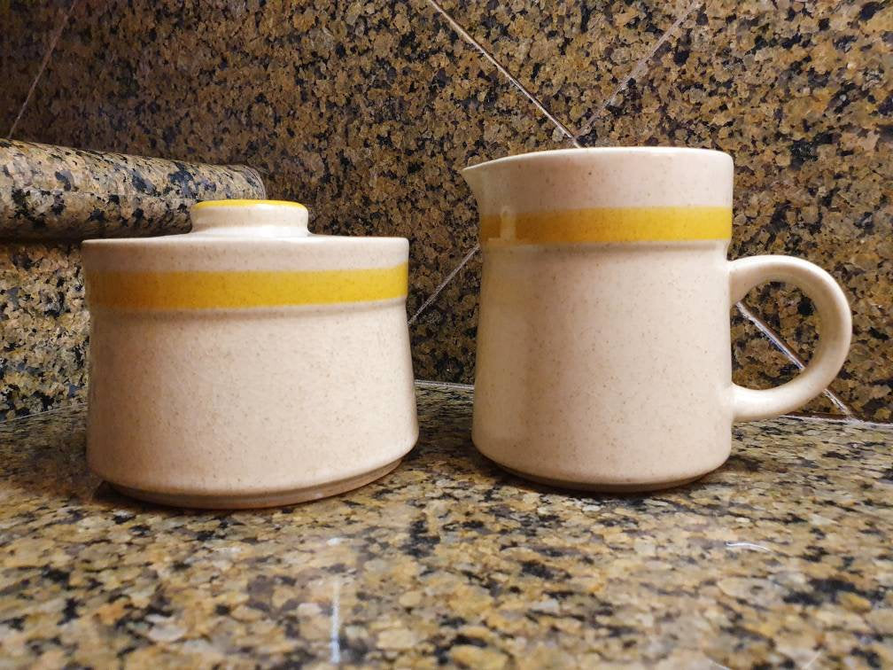 Vintage Statistone Stoneware Japanese Creamer And Sugar Bowl With Lid 1970’s. Tan With Yellow Stripe.